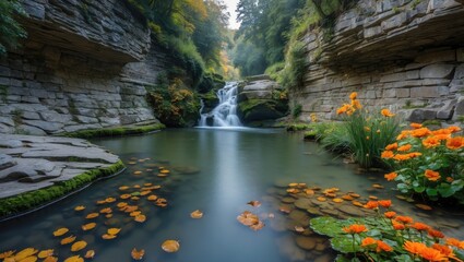 Poster - Serene waterfall in a lush canyon surrounded by vibrant flowers and autumn leaves with ample copy space for text placement.