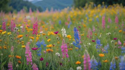 Poster - Colorful Wildflower Meadow in Bloom with Diverse Flora and Lush Greenery Under Clear Sky. Ideal for Nature and Landscape Themes.