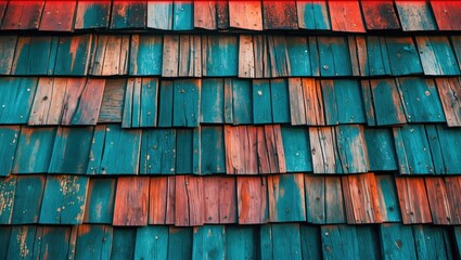 Poster - Vibrant weathered wooden shingles creating an artistic textured background showcasing rustic charm and bold color contrasts.