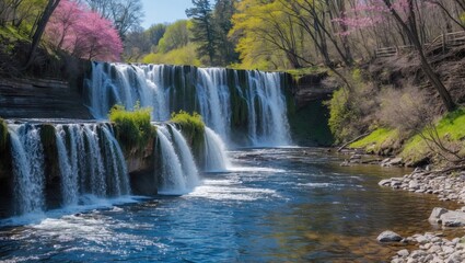 Poster - Stunning Spring Waterfall Landscape with Lush Greenery and Colorful Blossoms in a Serene Natural Setting by the River