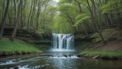 Poster - Tranquil Waterfall Cascading Through Lush Green Forest During Springtime With Ample Space For Text Overlay