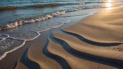 Poster - Serene beach landscape showcasing gentle waves lapping against the shoreline with sun reflections and textured sandy patterns at sunset.