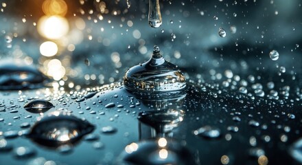Poster - Close-up of water droplets reflecting light on smooth glass surface with an abstract bokeh background showcasing natural water beauty.