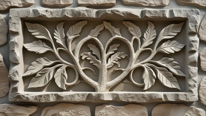 Poster - Cement wall relief with intricate leaf design resembling a carved stone texture enhancing architectural aesthetics and artistic expression.