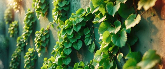 Poster - Lush green wall of maiden grape leaves creating a natural texture perfect for backgrounds and copy space in design projects.