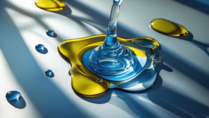 Poster - Abstract oil and water mixture creating vibrant colors and shapes on a reflective surface with shadows enhancing visual depth and intrigue.