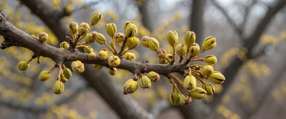 Poster - Walnut Tree Branch with Emerging Catkins and Soft Focus Background in Early Spring Nature Scene