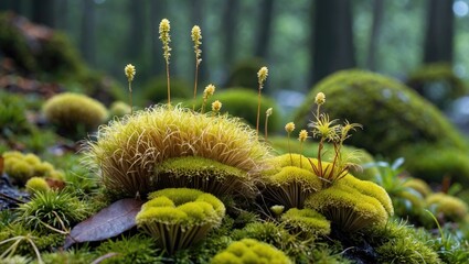 Poster - Mossy forest floor with vibrant green mosses and delicate spore-producing structures capturing the serene beauty of nature's small plants