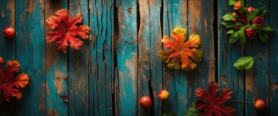 Poster - Colorful Autumn Leaves on Vintage Blue Wood Background with Detailed Texture and Rustic Charm for Seasonal Themed Designs