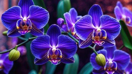 Poster - Vibrant close-up of violet Phalaenopsis orchids showcasing intricate details and lush green foliage in a natural setting.