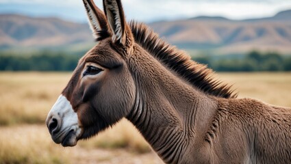 Wall Mural - profile of a donkey in a natural landscape capturing its features and serene environment during gold