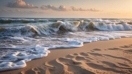 Poster - Dynamic ocean waves lapping against the sandy shore at sunset creating natural patterns and textures on the beach landscape