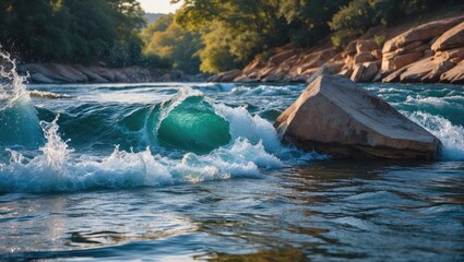 Poster - Serene River Waves Crashing Against a Rock With Splashing Water Ideal for Nature Backgrounds and Text Overlay Applications