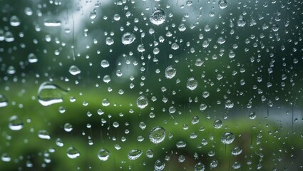 Poster - Close-up of water droplets on glass during rain with a blurred natural green background creating a serene atmospheric effect.