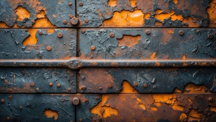 Poster - Weathered metal texture with rusty patches and vibrant orange hues for industrial design and vintage aesthetic backgrounds.