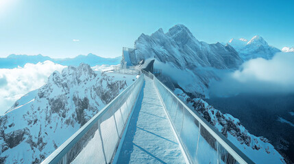 Poster - A snowy mountain peak with a glass bridge leading to the sky.
