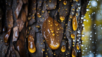 Poster - Water Droplets On Tree Bark Highlighting Nature's Beauty and Texture in a Rainy Atmosphere