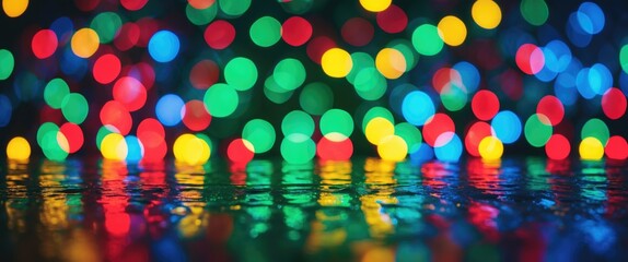 Poster - Colorful bokeh lights creating an abstract illumination effect in vibrant green, yellow, red, and blue tones with a reflective surface.