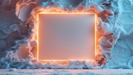 Poster - Illuminated empty frame surrounded by textured paper wall creating a modern and artistic backdrop for design or presentation projects.