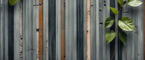 Poster - Textured concrete wall with vertical stripes and green leaves for a modern backdrop or nature-inspired design applications.