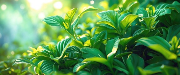 Poster - Close-up of vibrant green leaves illuminated by soft natural light showcasing the intricacies of fresh foliage and new growth in nature.