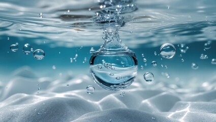 Poster - Underwater scene featuring a clear water bubble surrounded by smaller bubbles on a serene blue background.