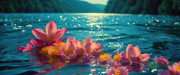Poster - Serene lake view with vibrant lotus flowers floating on glistening water under sunlight creating a tranquil natural atmosphere