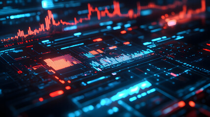 Poster - Dynamic glowing holographic trading dashboard visualizing market trends digital space infographic futuristic close-up technology