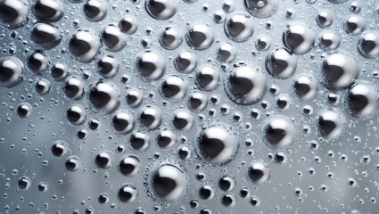 Poster - Close-up view of water droplets on glass surface creating a textured backdrop with bubbles reflecting light and creating a soothing aesthetic.