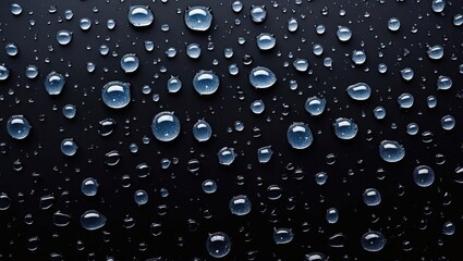 Poster - Close-up of fresh water droplets glistening on a smooth black surface creating an elegant texture and contrast for design purposes.