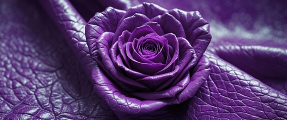 Poster - Elegant purple leather texture with a beautifully crafted rose showcasing the harmony of luxury and nature in vibrant shades.