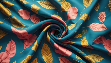 Poster - Colorful fabric with leaf patterns in vibrant tones of teal, pink, and yellow, elegantly folded and draped for a textured appearance.