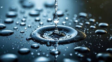 Poster - Water droplets creating ripples on a dark surface reflecting intricate patterns and textures in a calm, serene atmosphere.