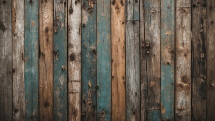 Poster - Rustic wood texture background with aged planks showcasing natural grain, knots, and a distressed teal finish for vintage aesthetics.