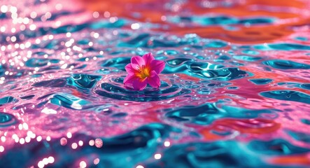 Poster - Vibrant water surface with colorful reflections and a blooming pink flower creating a tranquil and artistic nature scene.