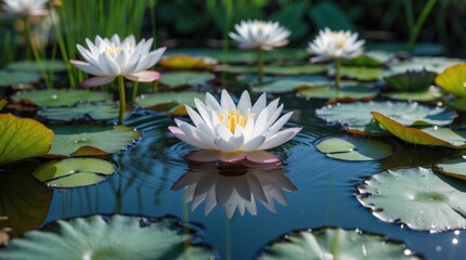 Poster - Beautiful white water lilies with vibrant reflections on a serene pond surrounded by lush green leaves and gentle sunlight.
