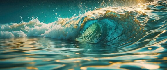 Poster - Majestic ocean wave crashing in sunlight with sparkling water reflections and vibrant blue hues capturing the essence of nature's beauty.