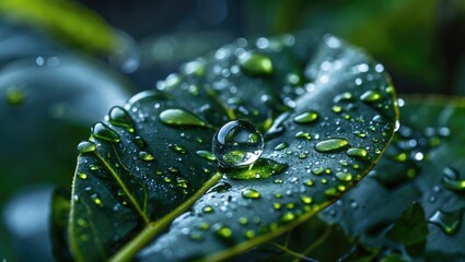 Poster - Raindrops glistening on green leaves showcasing nature's beauty and freshness in a tranquil environment.