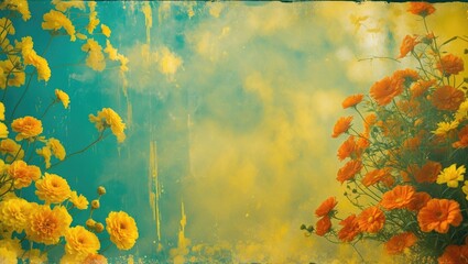 Wall Mural - Vibrant floral design with a faded yellow background creating a nostalgic and dreamy atmosphere suitable for various creative projects