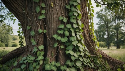 Poster - Lush Green Vines Climbing Up Textured Tree Trunk Surrounded By Nature with Space for Custom Text Overlay
