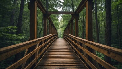 Poster - Serene wooden bridge leading through lush green wilderness, showcasing nature's tranquility and inviting exploration in a forest setting.