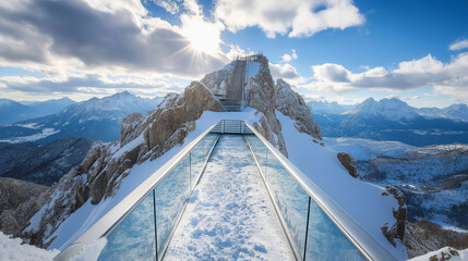 Poster - A snowy mountain peak with a glass bridge leading to the sky.