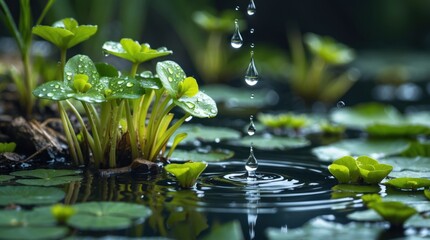 Poster - Water pennywort leaves with water droplets on the surface in a serene pond setting showcasing nature's tranquility and freshness.