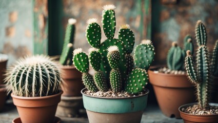 Poster - Assorted Potted Cacti in Vintage Setting Showcasing Textures and Greenery for Interior Decor and Botanical Themes.