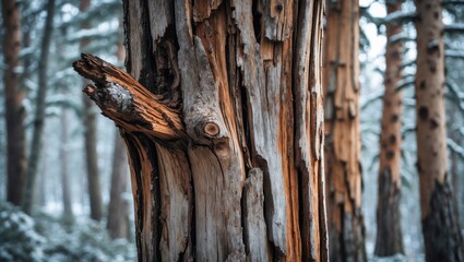 Poster - Weathered larch tree bark showcasing intricate textures in a snowy forest setting with evergreen trees in the background.