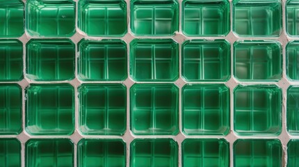 Poster - Vibrant textured green glass block wall background reflecting light and color for modern architectural design and decor themes.