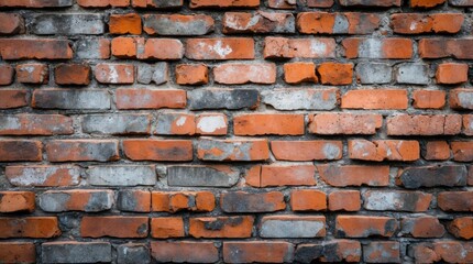Poster - Weathered brick wall showcasing an irregular pattern of worn bricks in varying shades of red and gray for textured architectural backgrounds.