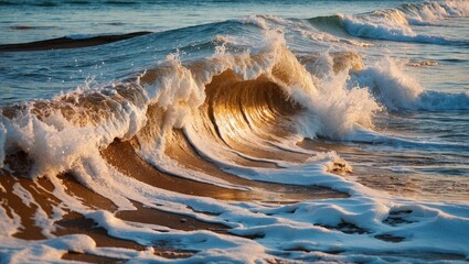Poster - majestic ocean wave crashing on sandy beach at sunset creating a stunning display of foam and sunlig