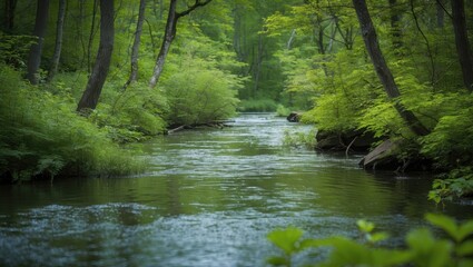Poster - Serene Stream Flowing Through Lush Green Forest Foliage in Summer Creating a Tranquil Natural Landscape Scene