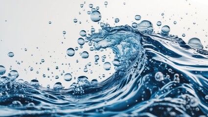 Poster - Dynamic water wave with bubbles creating a refreshing visual effect on a clean white background ideal for design and marketing purposes.